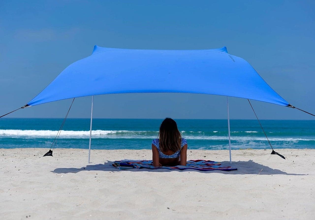 Sand Anchor Beach Canopy Tent – UPF 50+ Sun Shade with Stretch Fabric, Sand Corner Anchors, Lightweight Poles & Carry Bag – Portable Wind‑Resistant Shelter for Beach, Camping & Outdoor Trips
