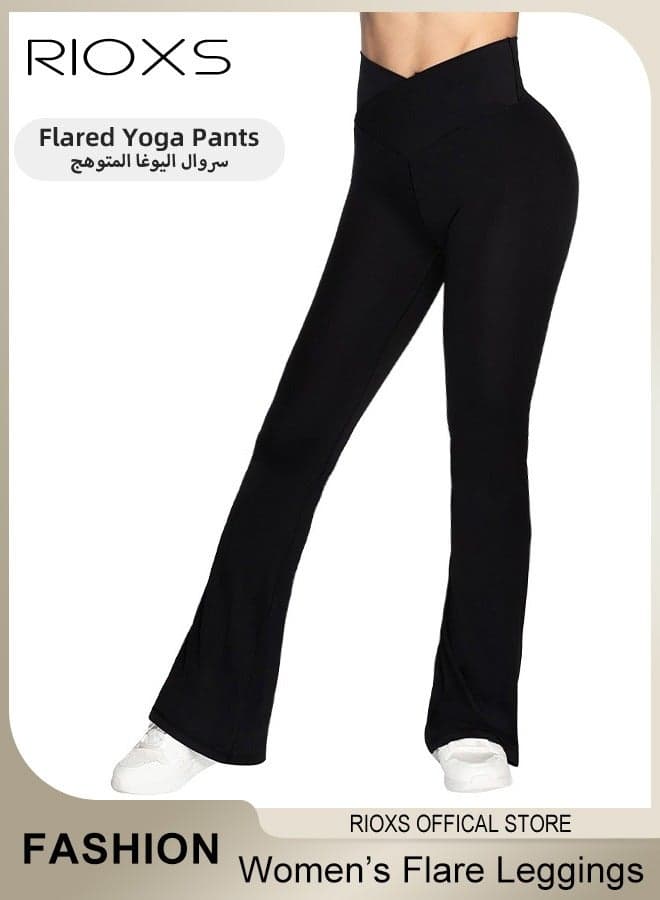 Women's Flare Leggings, Ladies V Waist Crossover Yoga Pants, Tummy Control High-Waisted Wide Leg Trousers for Ladies, Gym Bootcut Yoga Pants, Bell Bottoms for Gym Exercises, Outdoor Training, Running, Yoga, Black