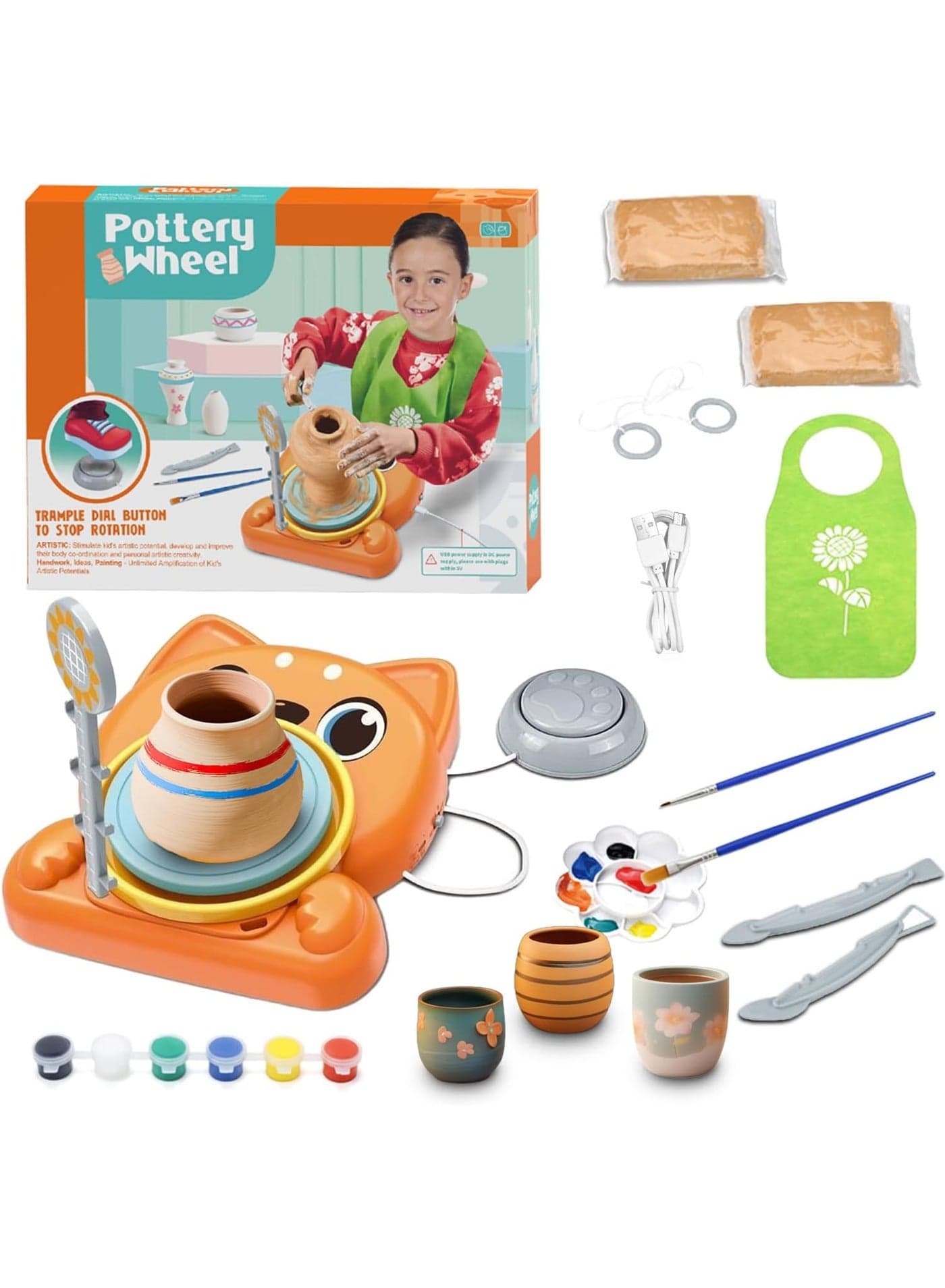 Pottery Wheel for Kids – Complete Pottery Kit & Tools for Beginners – Arts & Crafts Set for Kids Ages 6-12 – Includes 2 Packs of Air Dry Clay – Fun Creative Activity for Boys & Girls – Ideal Birthday or Christmas Gift