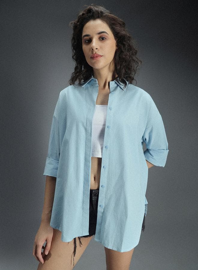 Women's Light Blue 100% Cotton Solid Pattern Button Down Tailored Fit Shirt