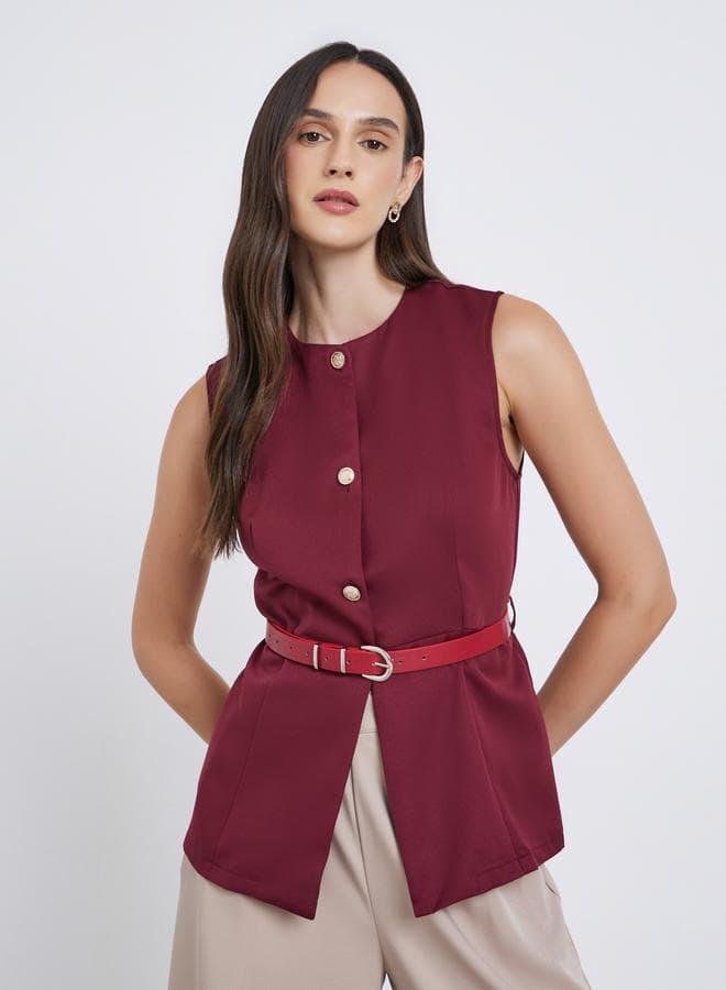 Styli Round Neck Buttoned Waistcoat With Belt