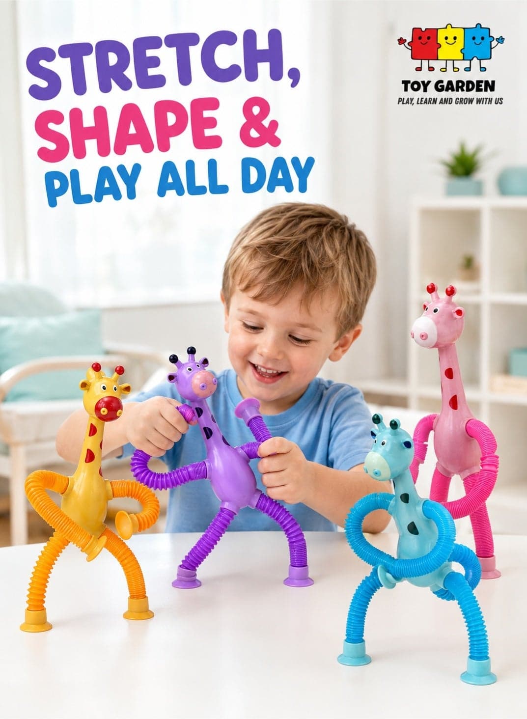Telescopic Giraffe Suction Cup Toy for Toddlers – 4-Pack Pop Tubes Baby Sensory Toys, Fine Motor Skills & Creative Learning, Autism Fidget Toy, Perfect Party Favors & Gifts for Children