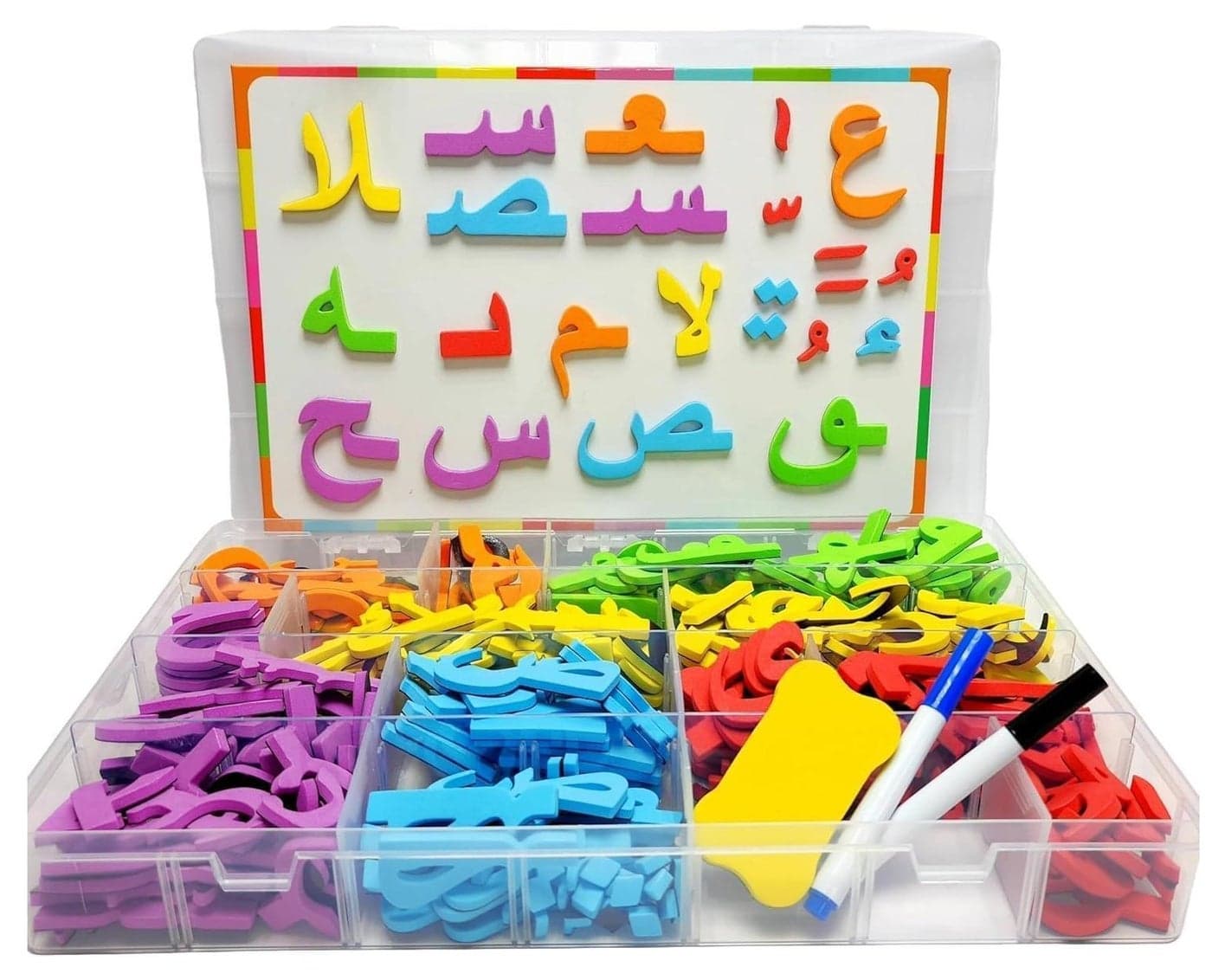 Preschool Learning Colorful Arabic Magnetic Alphabet Letters Kit - Comes with 2 Markers + 1 Eraser , 2 in 1 Learning Letters & Colours, Arabic Consonants 