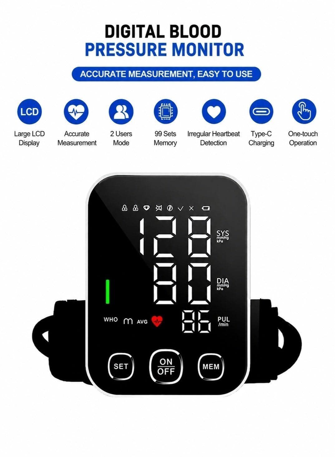 Large LCD Blood Pressure Monitor with Voice Broadcast and Display Background Light,Home Use Full-Automatic Upper Arm Electronic BP Machine One-Click Use,2 people Memory Function