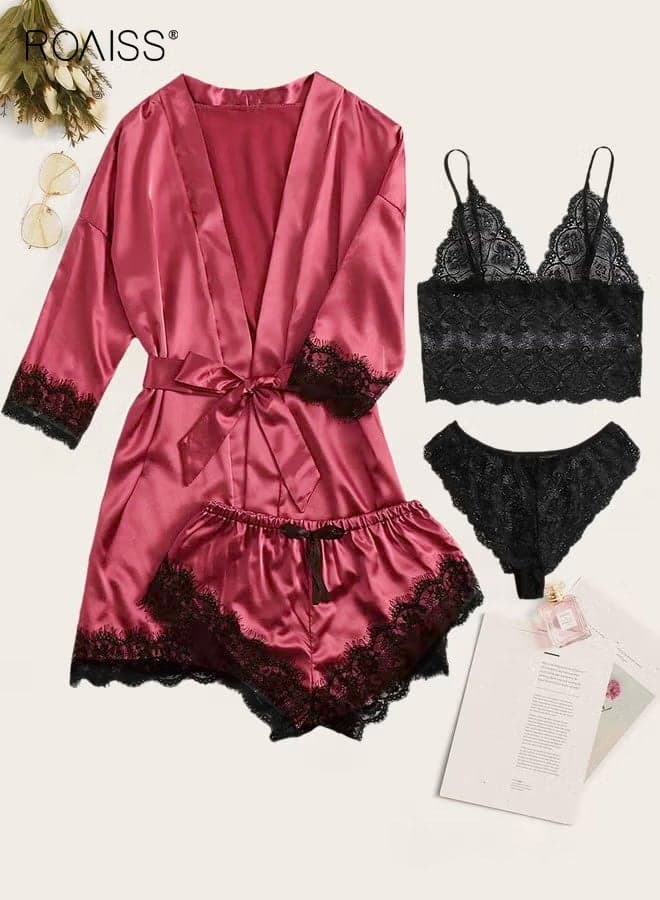 4 Pack Women's Nightwear Set, Lace Trimmed Lightweight Silk Satin Sleepwear Pajama, Ladies Summer Breathable Homewear Clothes Suits (Underwear + Panties + Robe + Shorts), Red & Black
