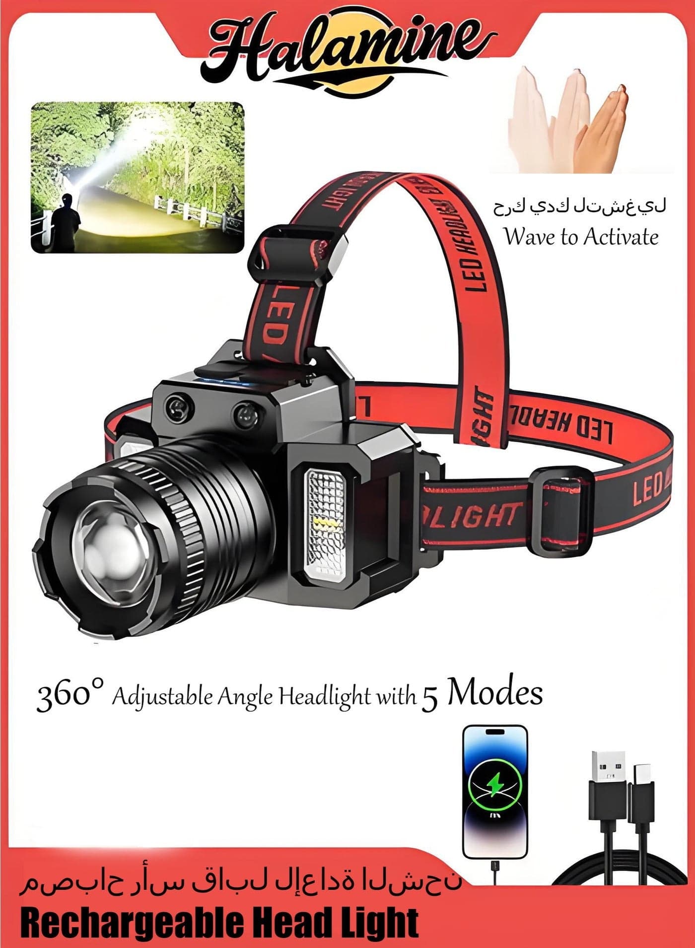 LED Headlamp, Rechargeable Head Light, 360° Adjustable Angle Headlight with 5 Modes ,Waterproof, Motion Sensor, Headlight for Fishing, Camping, Hiking