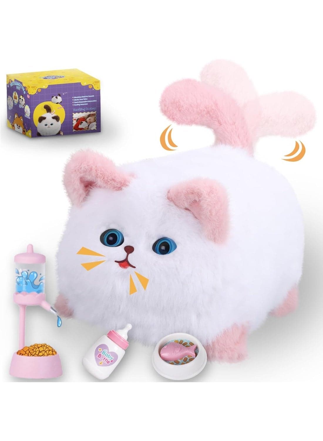 Jimate Interactive Cat Toys for Kids Aged 3-7, Plush Toy Cat That Meows, Blink and Talk, Children's Toy Cat with Pet Waterer, Milk Bottle and Pet Bowl, Creative for Boys and Girls