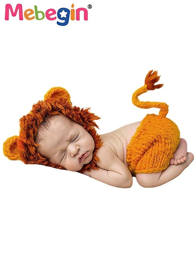 Infant Lion Costume, 2-piece Knit Outfit, Handmade Knitted Newborn Photography Outfits with Adorable Design, Newborn Soft Photography Props, Creative Photoshoot Outfits for Infants, Perfect for Baby Photography Shoots, Ideal Newborn Baby Gift