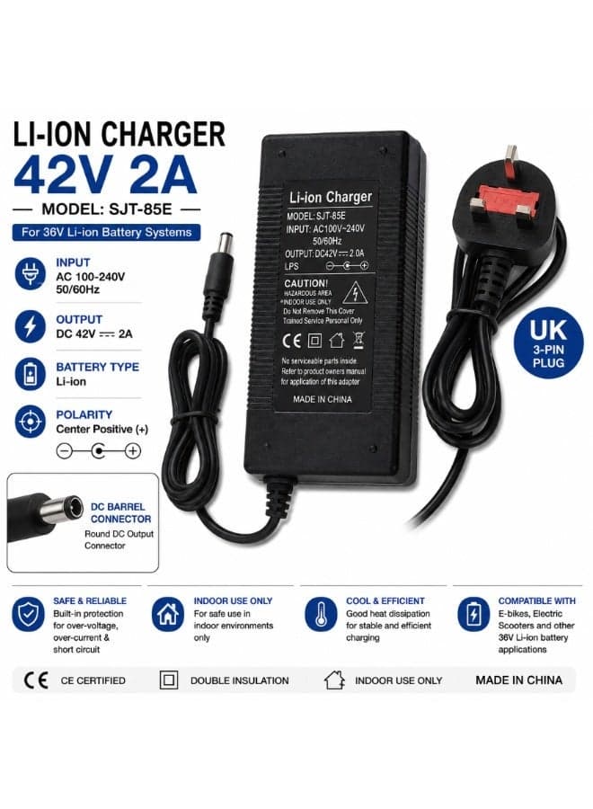 Electric Scooter Charger 42V 2A 8MM Pin Fast Charging Adapter with UK Plug for E-Bike & Mobility Scooter