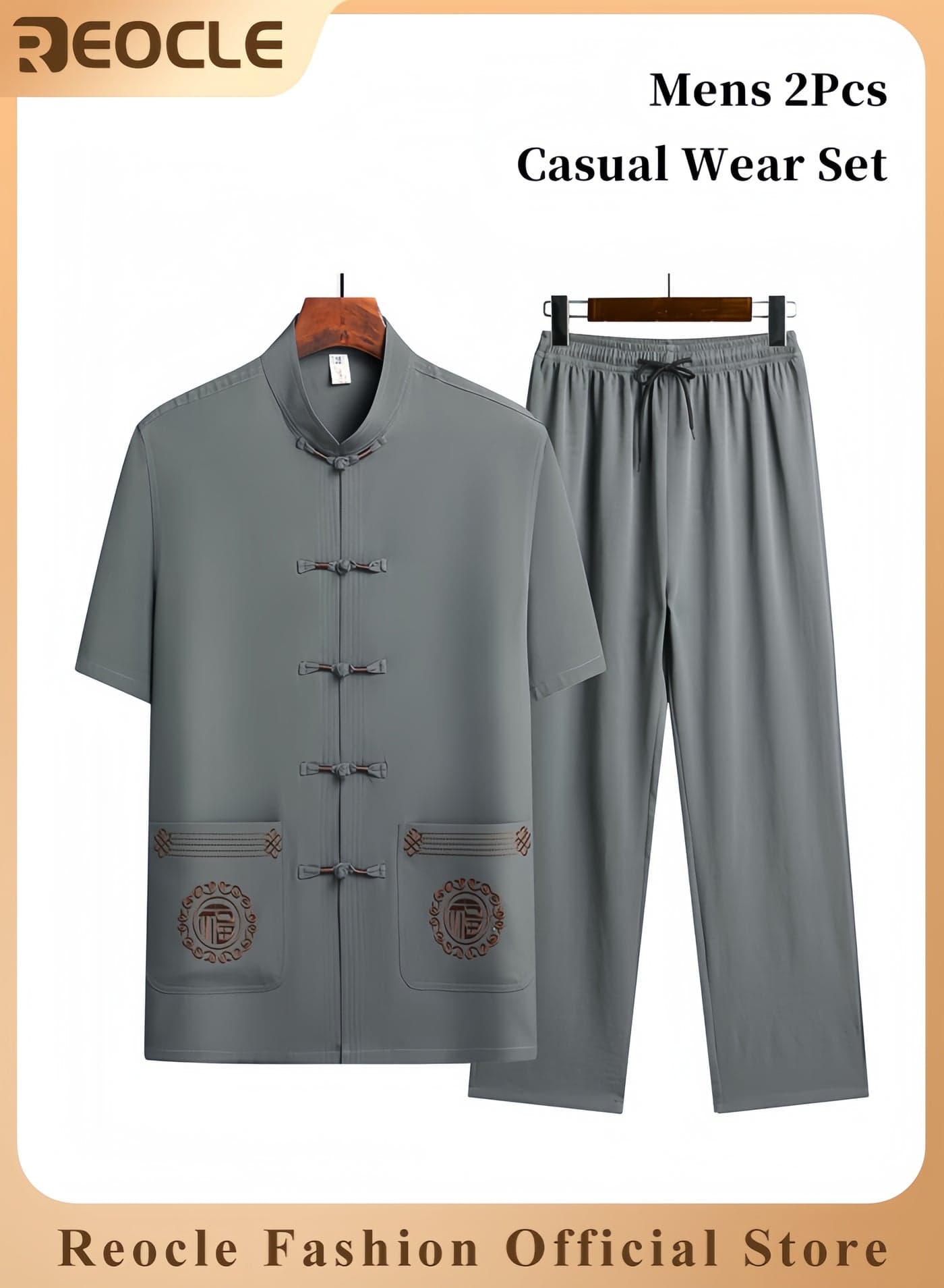 Mens 2PCS Set Sophisticated Casual Wear Set Chinese Embroidery Kungfu Suit Set Men Summer Short Sleeves Cotton and Linen Shirts and Pants