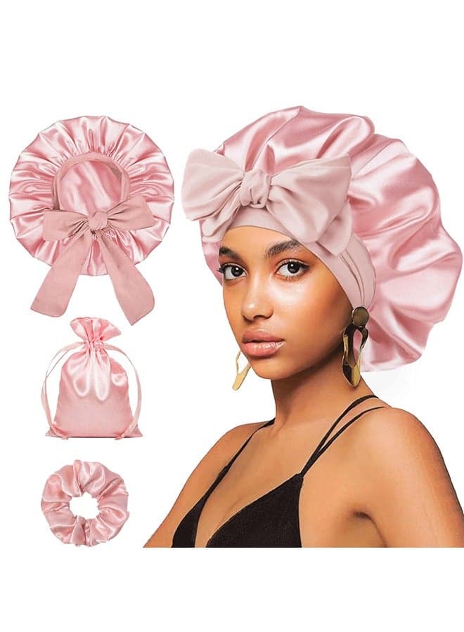 Bonnet with Tie Band, Satin Hair Silk Bonnet for Sleeping Women, Sleep Bonnets for Women, Double Layer Sleep Cap for Curly Hair Braids(Pink)