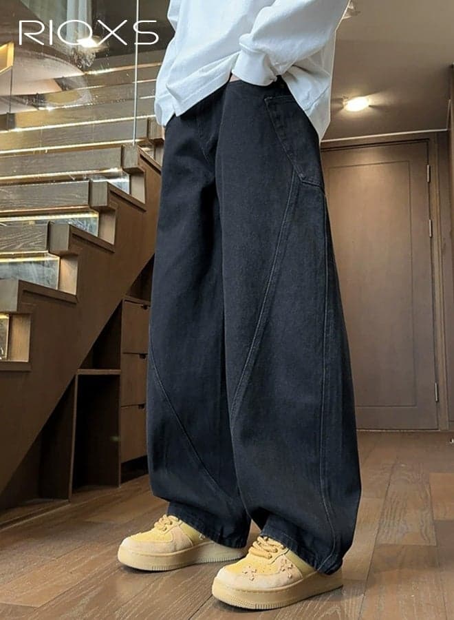 Men's Baggy Sweatpants, Wide-Leg Zipper Front-Flap Waistband Straight-Leg Pants with Belt Loops and Pockets, Relaxed-Fit Casual Jeans, Soft Breathable Mid-Rise Style, Suitable for Everyday Wear, Black