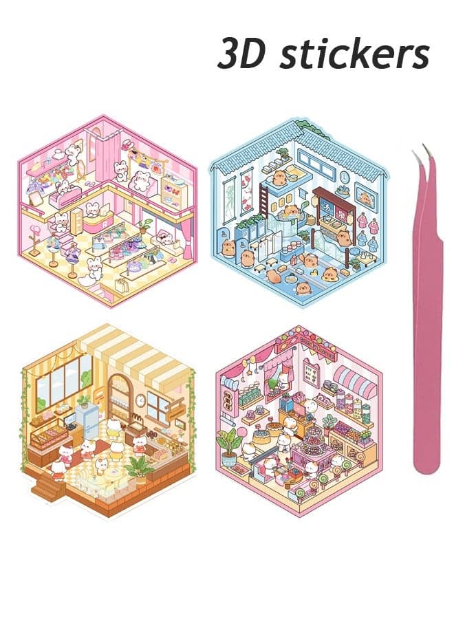 DIY 3D Sticker Scene 4 Sets of Stickers for Girls Make Your Own Mini Room Scene Stickers for Kids Cute Kawaii Sticker Therapy for Adult Relief Stress Pass The Time