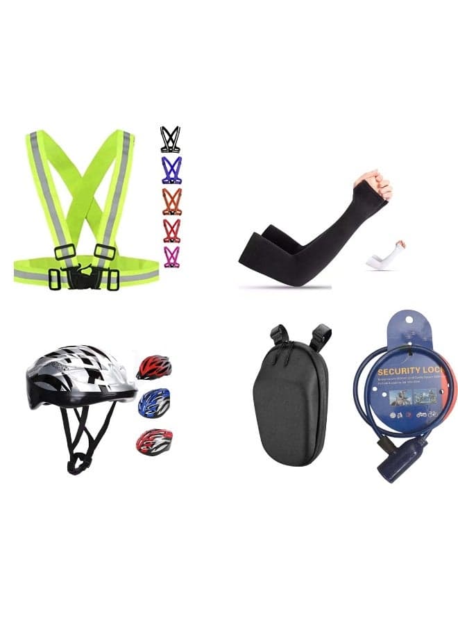 Electric Scooter Safety Kit Pack of 1, Safety jacket, Helmet, Lock, Hanging Bag and Hand Sleeves Assorted