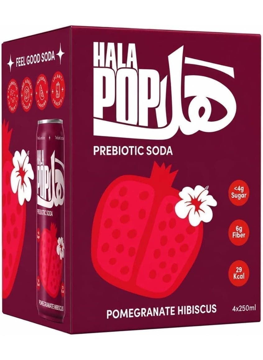 HalaPop Prebiotic Soda Pomegranate Hibiscus | 6g Fiber, No Added Sugar, Low Calorie Sparkling Drink | 4 x 250ml