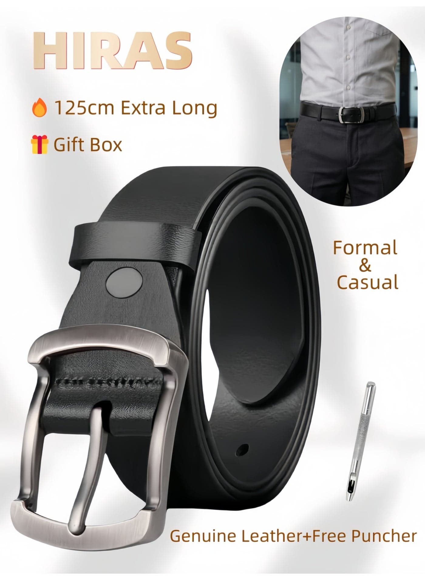 Genuine Leather Belt for Men, 125cm - Black Casual & Formal Dress Belt with Adjustable Buckle, Belts for Men Jeans & Business, Includes Free Hole Puncher & Gift Box