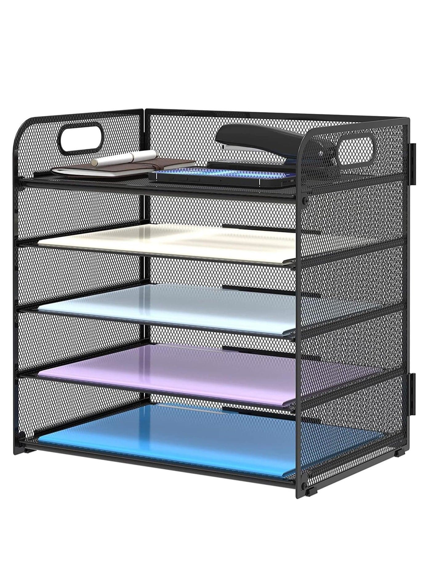 Letter Tray Paper Organizer 5 Tier Desk File Organizer Desktop Organizer with Handle Black Metal Desktop Shelf Organizer for Office Supplies School Home