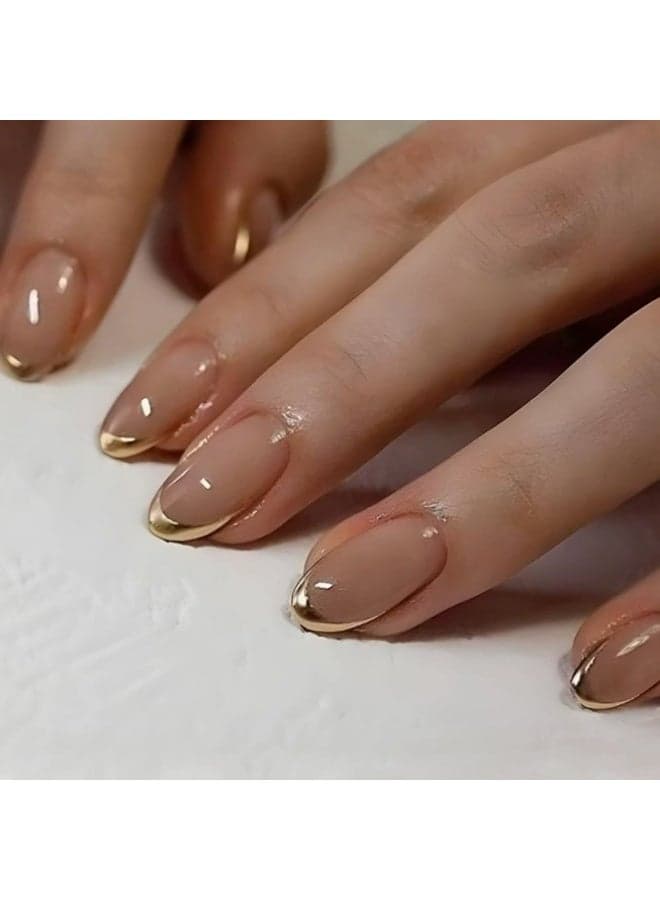 French Tip Press On Nails Gold Line Nude Almond Shape Glossy Artificial Nails Set Full Cover Reusable Stick On Nails Soft Gel Acrylic Style Elegant Luxury Nails for Women Wedding Party Office Salon Look