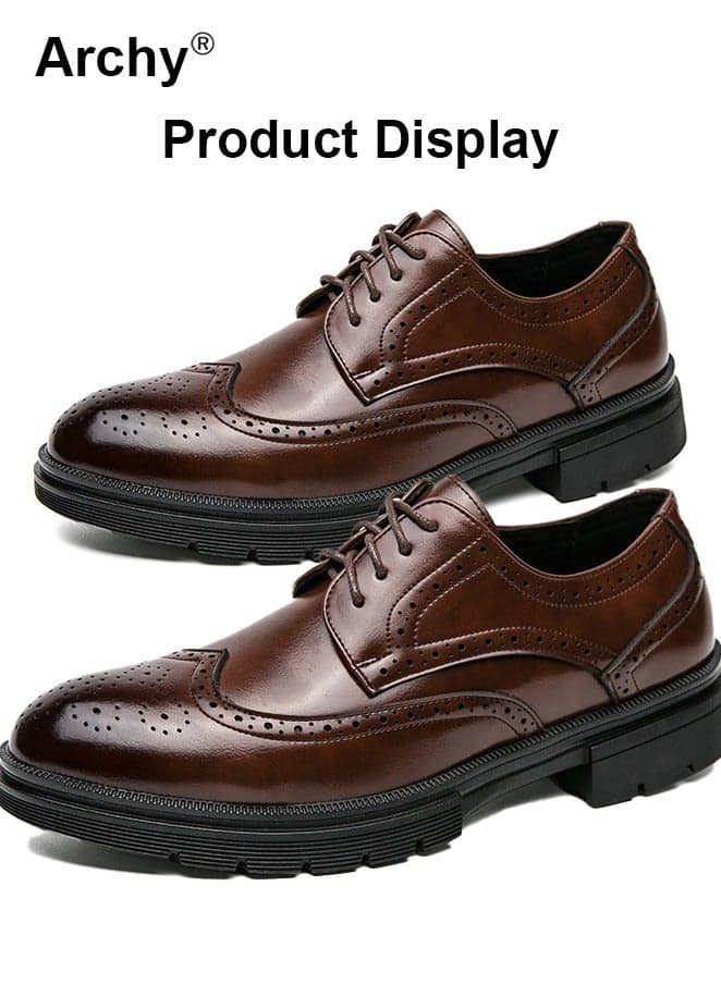 Formal Leather Shoes for Men Round Toe Lace Up Brogue Pattern Breathable Non Slip Shoes Mens Burnished Premium Textured Dress Shoes