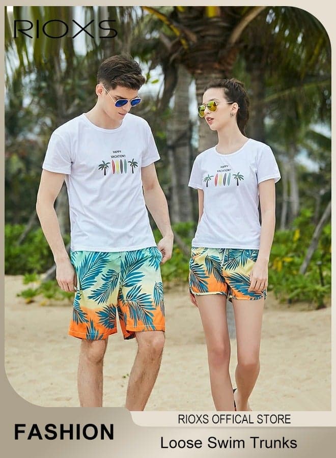 2 Pcs Adult Lovers Loose Swim Trunks, Mens Swim Trunks+ Women Beach Shorts, Quick-Drying Beach Swimwear, Breathable Bathing Suit With Pockets, Print Drawstring Swimwear Board Shorts