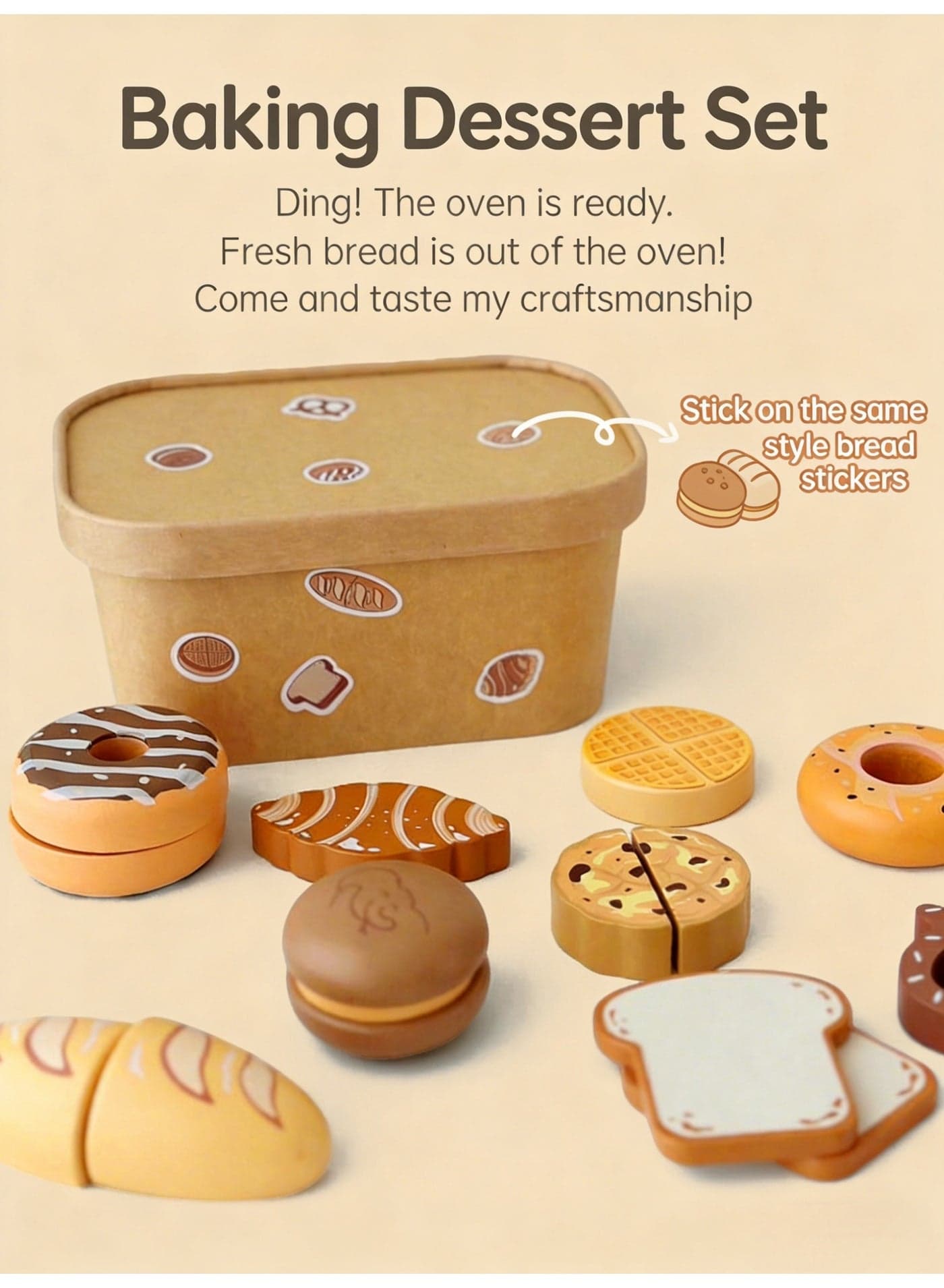 Wooden Bakery Play Food Set 8Pcs - Pretend Play Kitchen Cutting Toys with Storage Box, Montessori Educational Food for Toddlers 3+, Baking Dessert Role-Play Gift for Kids Boys Girls