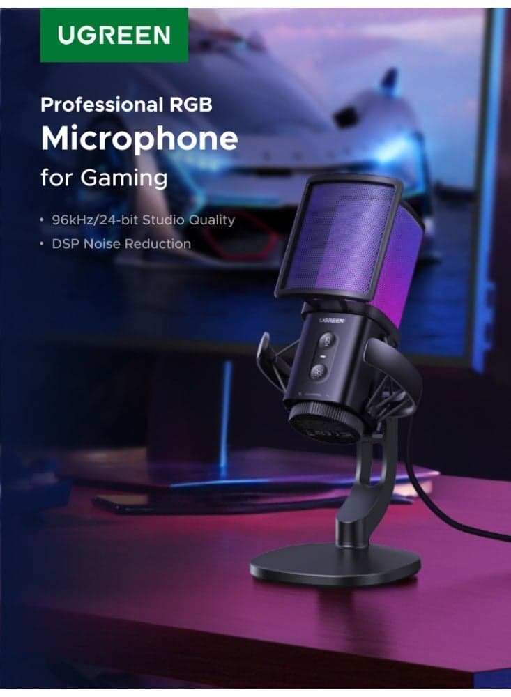 Gaming Microphone USB, 96kHz/24bit with RGB Light, Condenser Mic, Mute button, Noise reduction, Cardioid Polar Pattern, 3.5mm Headphones Jack for PC, Streaming, Recording, Podcasts, Laptop, PS5