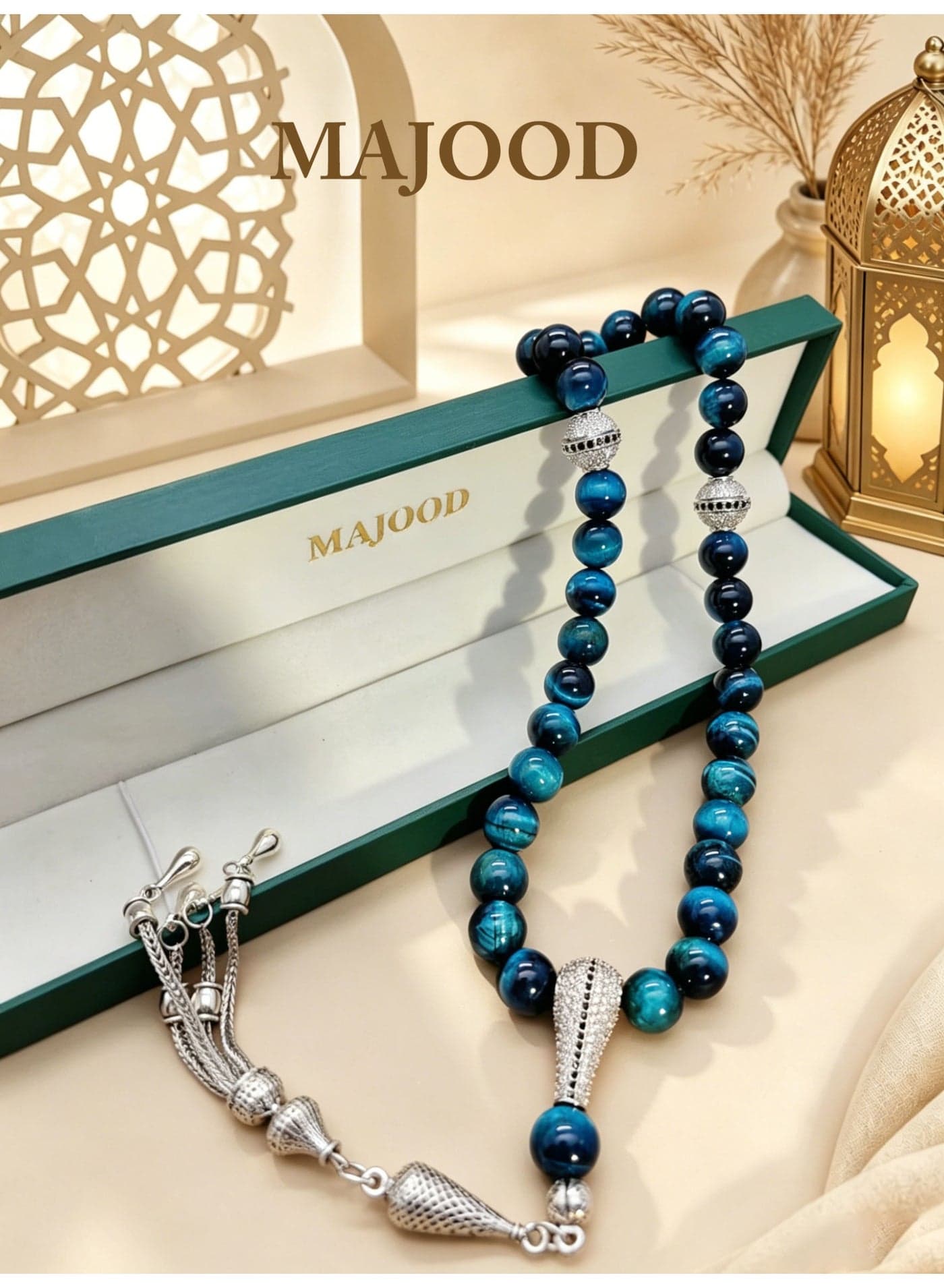 MAJOOD/33 Real Blue Tiger's Eye Round Stone Prayer Beads/Tasbih/10MM/For Men And Women