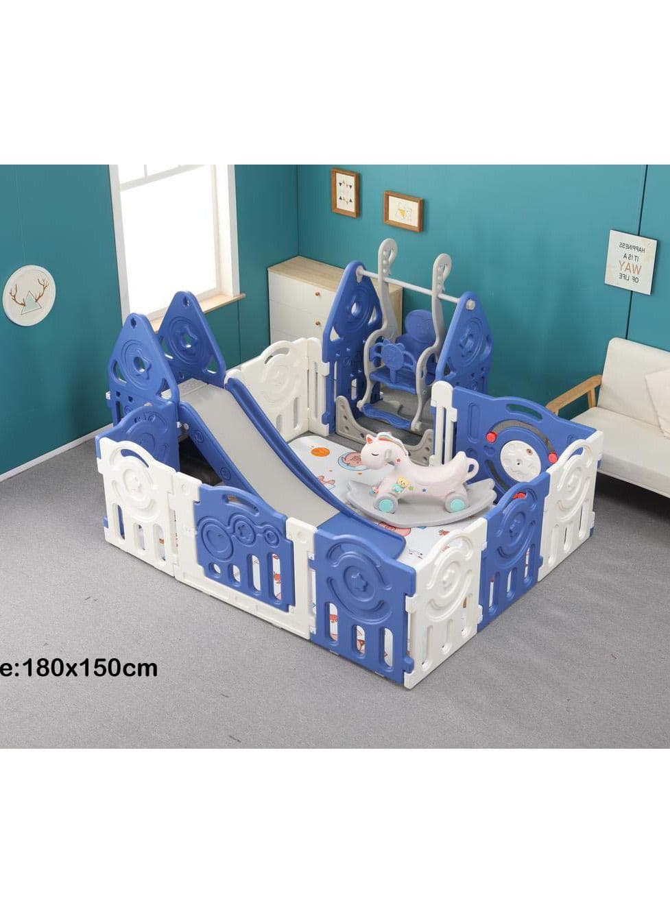 RBW 5 in 1 Multi-function Playing Set, 5 In 1 Playpen & Fence, Slide, Swing, Seesaw, Play Mat including All Kind of Kids Activities, Comfortable Slide for Baby Safety, Size:180x150x60cm
