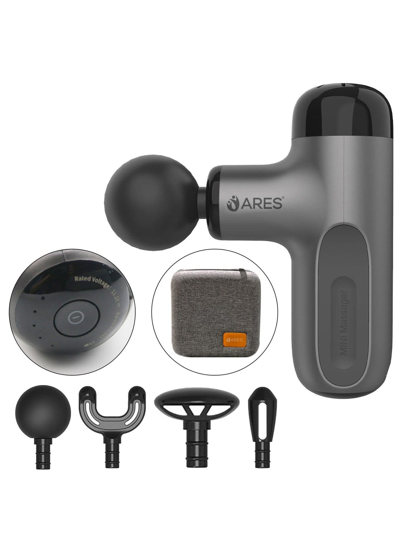 iCute Gun Massager Handheld For Muscle 5 Speed Level 4 Detachable Heads Battery Capacity 3 Cell 2500Mah Charging Time 2.5H 15Hs Work Continuous 1800-3000 Rpm