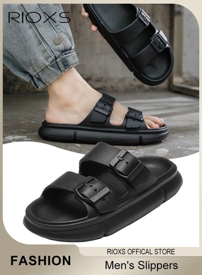 Unisex Sandals, Cloud Sandals for Women and Men, Soft Pillow Slippers, Classic Double Buckle Adjustable Slides, Lightweight Flat Opened Toe Shoes, Women's Men's Flat Slippers, Slip-on Sandal for Bathroom Beach Walking Or Indoor Leisure Wear, Comfort EVA Sandals Cushion Slides, 3cm Thick Sole Sandals, Anti-Slip Shower Slippers Black Footwear