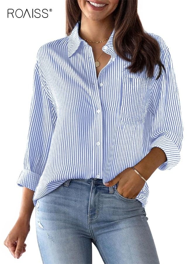 Women's Button Down Shirts Striped Dress Shirts Long Sleeve Button Up Collared Office Work Blouses Tops Classic Casual Shirt Top with Pocket for Women
