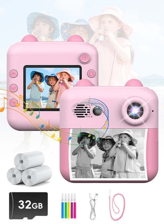 Kids Camera Instant Print,Toddler Portable Travel Film Camera Toy,Printing 720P HD Selfie Digital Photography Camera and Video Recorder with 3 Roll No-Ink Print Paper,Built-in 1300mAh Battery,2.4"IPS LCD Screen,32G SD Card,Mini Children's DIY Camera,Birthday Festival Gifts for Boys/Girls Age 3-12 Years Old