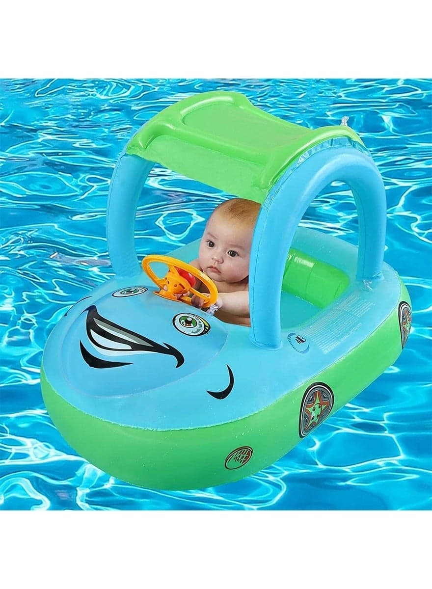 Baby Swimming Float, Car Inflatable Baby Float Ring with Canopy for Toddler Infant Boys Girls Pool Floaties Cute Boat Summer Beach Outdoor Play