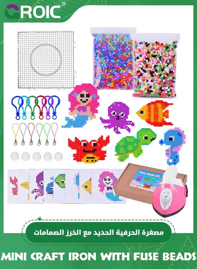 Fuse Beads with Mini Iron Set - 5000pcs Beads for Crafts, 5MM Melty Beads Set with Mini Iron for Kids Crafts with Bead Pegboard and Aqua Pony Beads, Handmade DIY Toys for Boys & Grils (Ocean Theme)