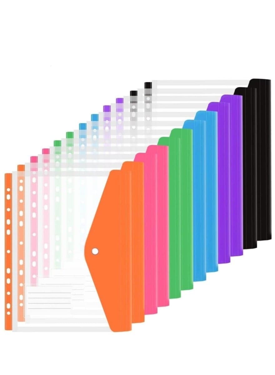 Dailychic 12 Pack Letter Size Binder Pocket,Plastic File Folders for 3 Ring,11 Holes Clear Poly Envelope with Snap Button Closure, for School Office Supplies, 6 Colors(Vertical-Opening)