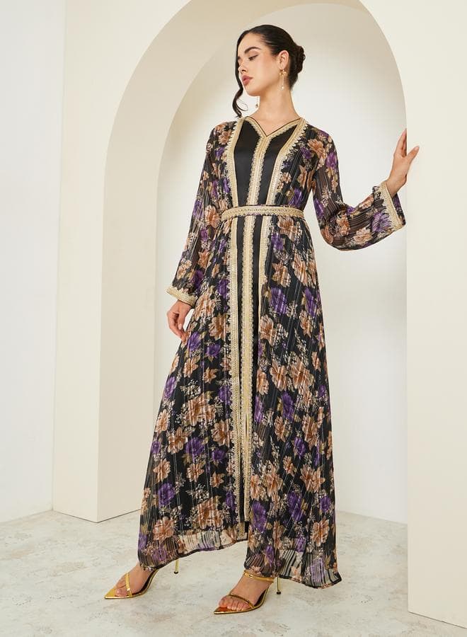 Women Black Printed Embroidered Golden Lace Kaftan