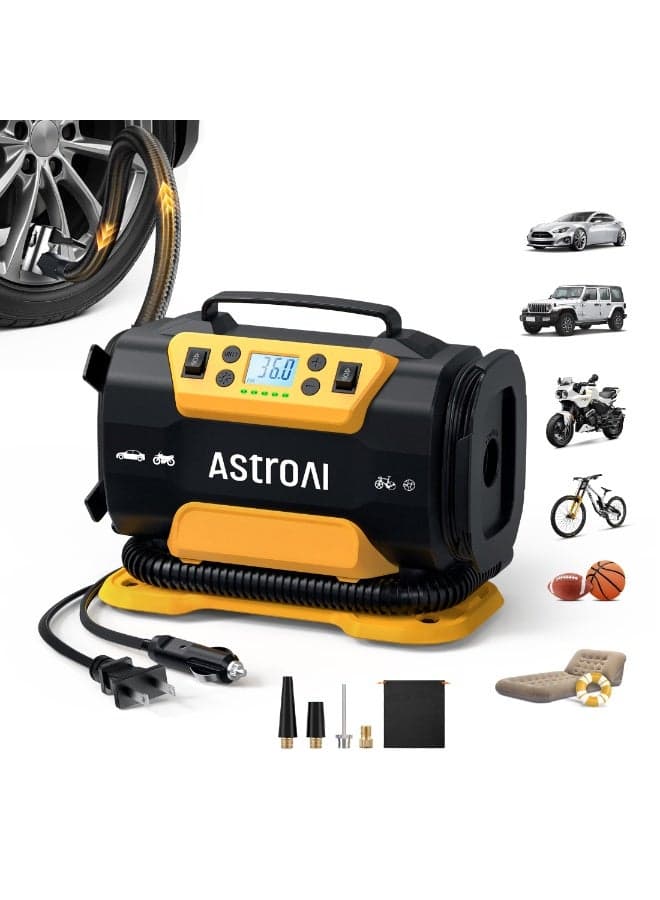 AstroAI Tyre Inflator Air Compressor 150PSI, Power Supply 12V DC / 230V AC, Tyre Pump with Dual Metal Motors & LED Light, Car Accessories for Car, Bicycle and Air Mattresses for Gifts