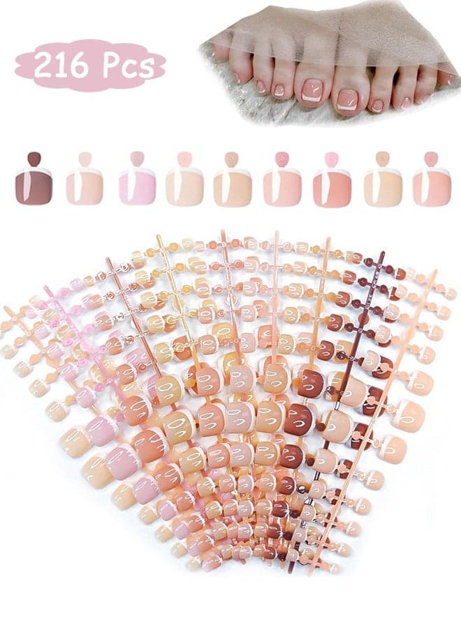 216 Pcs Press on Toenails - Short Glossy White French Tip Fake Toenails - White French Tip Toe Nails Press ons - Press-On Designs for Women Artificial Toenail Nails