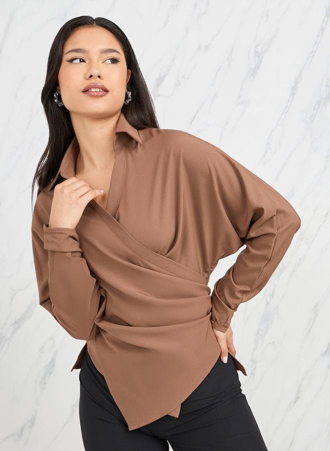 Collared Batwing Sleeves Wrap Top