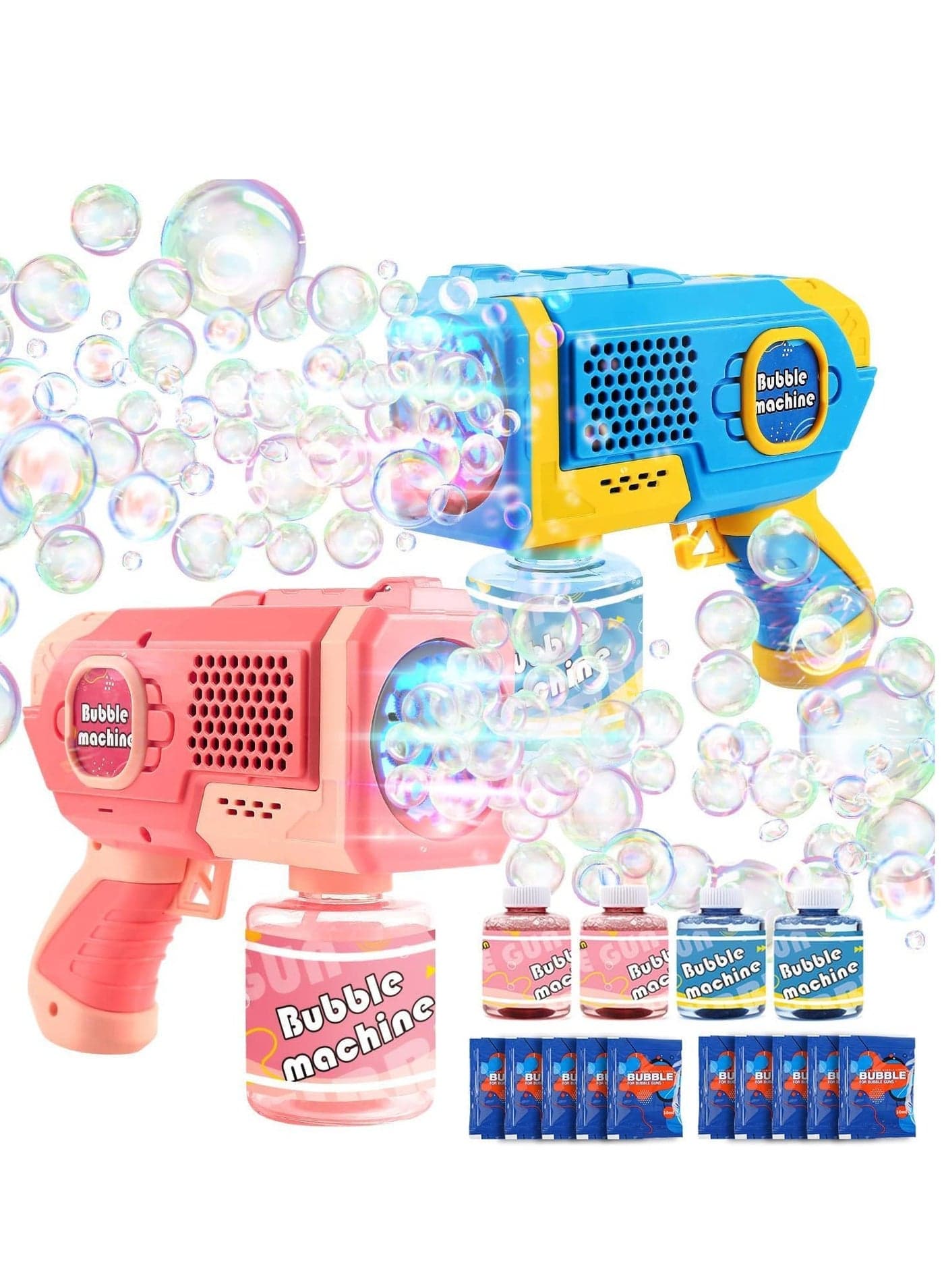 EagleStone 2 Pack Bubble Gun Machine for Kids, Automatic Light Up Bubble Blower with 4 Bottles 10 Bags Refill Solution, Bubble Guns Blaster for Toddlers, Outdoor Toys Gifts, Wedding Easter Party Favor