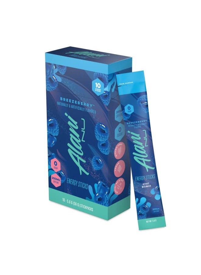 BREEZEBERRY Energy Sticks | Energy Drink Powder | 200mg Caffeine | Pre Workout Performance with Antioxidants | On-The-Go Drink Mix | Biotin, B Vitamins | Zero Sugar | 5 Calories | 10 Pack