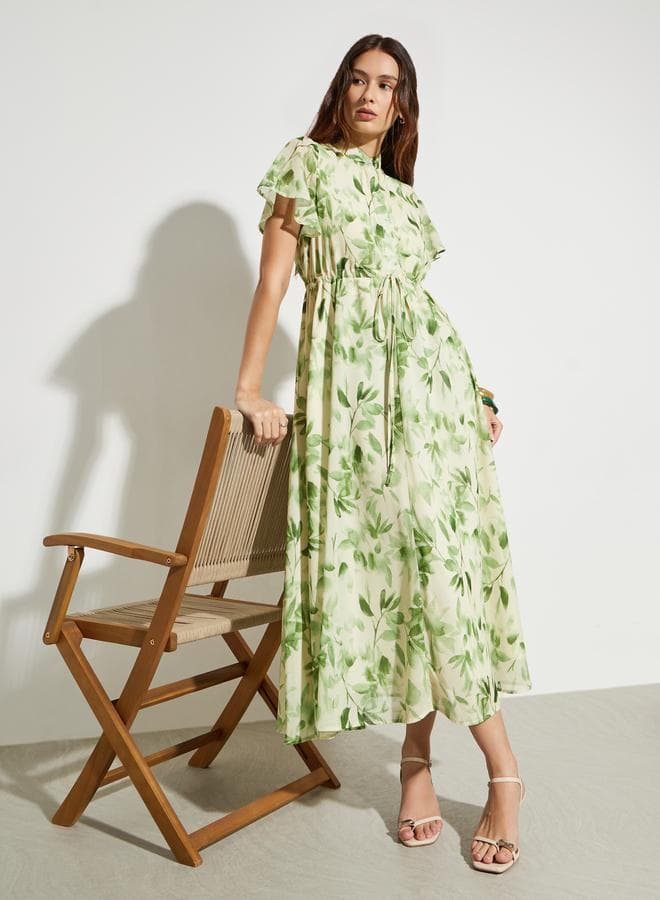 Green Leaf Print Maxi Dress with Drawstring