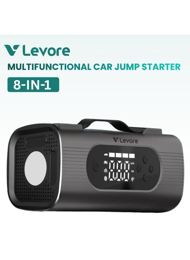 LEVORE LJS11 8-in-1 Multi-Function Car Jump Starter with Air Compressor, Tire Inflator, Vacuum Cleaner & Power Bank, Emergency LED Light, Digital Display, Portable Car Emergency Kit – Ultimate Edition