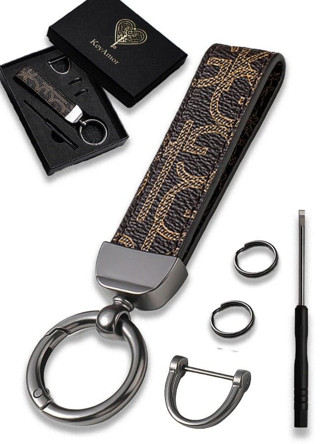 Elegant metal and leather keychain car key holder for adults. Stylish keychain with gunmetal-coloured rings, perfect for men, featuring 3 key rings for added functionality. Made with elegant and refined dark brown leather, it offers 360-degree rotation for convenience and comes beautifully packaged in a fancy gift box, making it an excellent accessory or gift choice.