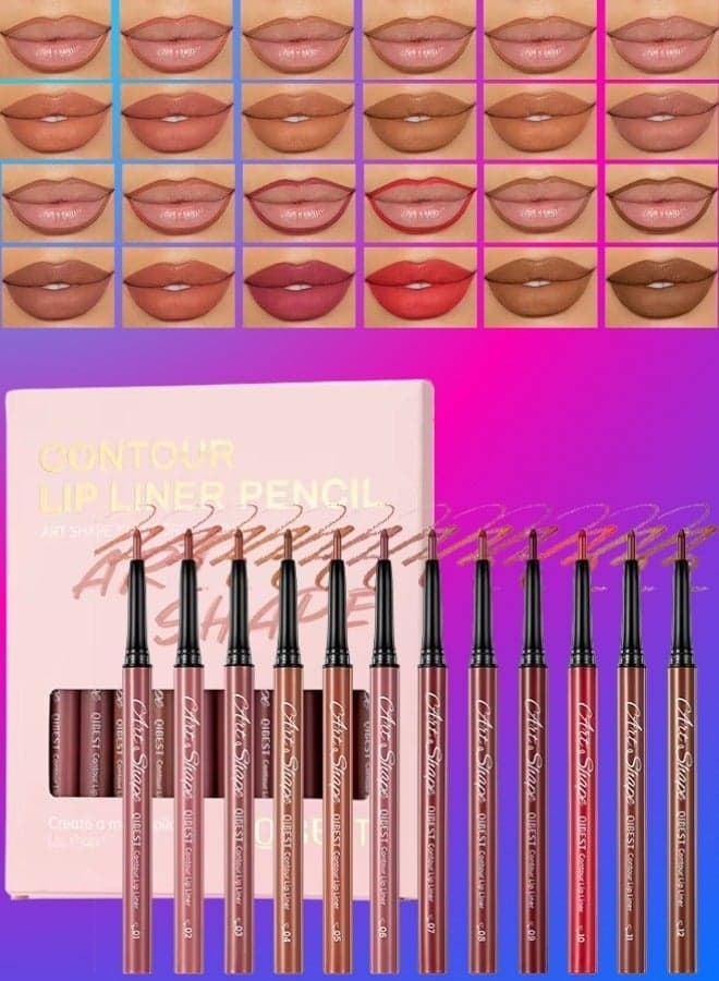 12Pcs Contour Lip Liner Pencil Waterproof, Long Lasting Nude Lipstick Pencil and Fixed Lip Liner Pen Lip Contour Makeup Lip Liner Kit Rich Colors Lipliner Pencil Pack