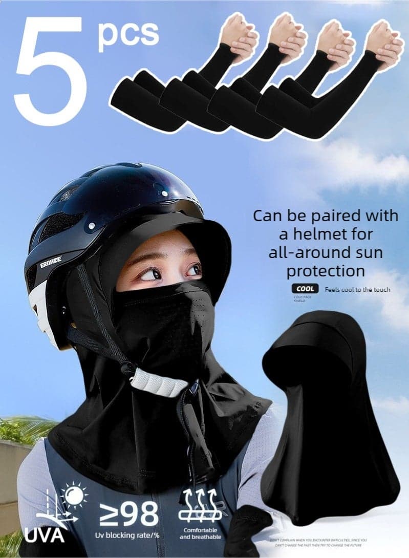 5 PCS Sun Protection Set, Including 4 Black Arm Sleeves + 1 Sun Protection Hood Set, UPF 50+ Cooling Sun Shield, Helmet-Compatible Full Face & Arm Sun Protector for Cycling Hiking Outdoor Activities