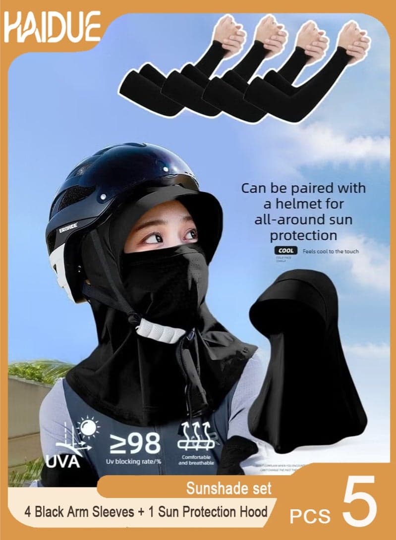 5 PCS Sun Protection Set, Including 4 Black Arm Sleeves + 1 Sun Protection Hood Set, UPF 50+ Cooling Sun Shield, Helmet-Compatible Full Face & Arm Sun Protector for Cycling Hiking Outdoor Activities