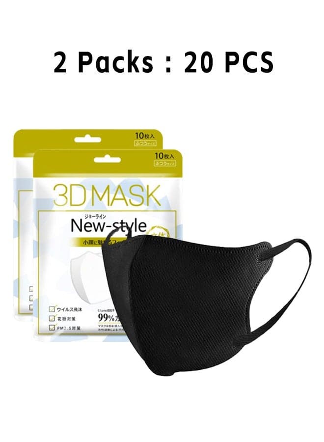 20 PCS 3D Disposable Adult Face Masks, 3-Layer Meltblown Filter Black Masks with Elastic Earloops