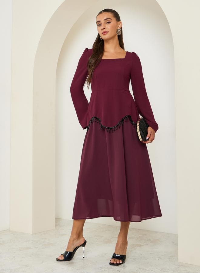Women Beaded Trim Square Neck Midi Dress