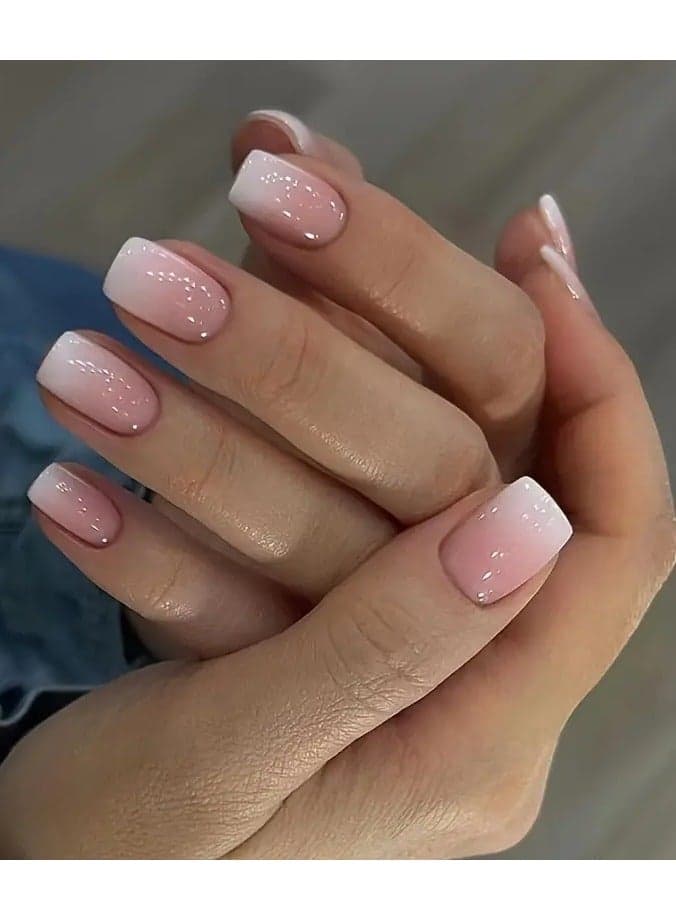 24pcs Glossy Short Square Nails, Nude Pink Gradient Press On Nails, Minimalist Style False Nails For Women Girls Daily Wear